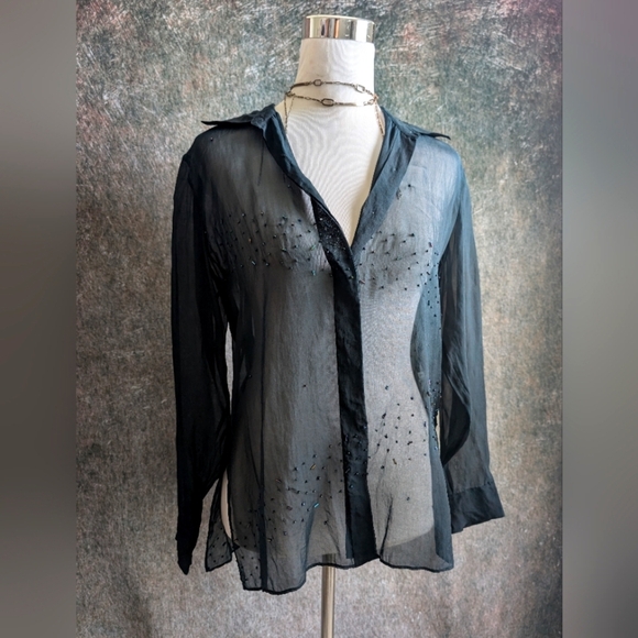 Vintage Organza Silk Sheer Beaded Y2K Blouse - Picture 1 of 7